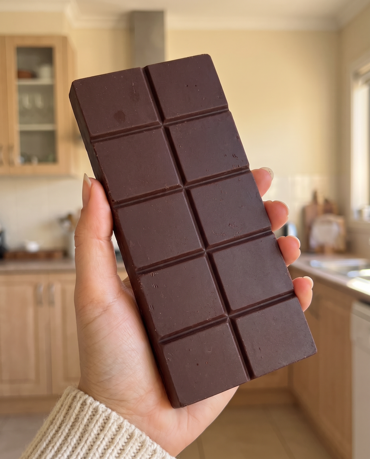 The 200g NUDE 100% cacao bar held in hand: ten scored 20g pieces