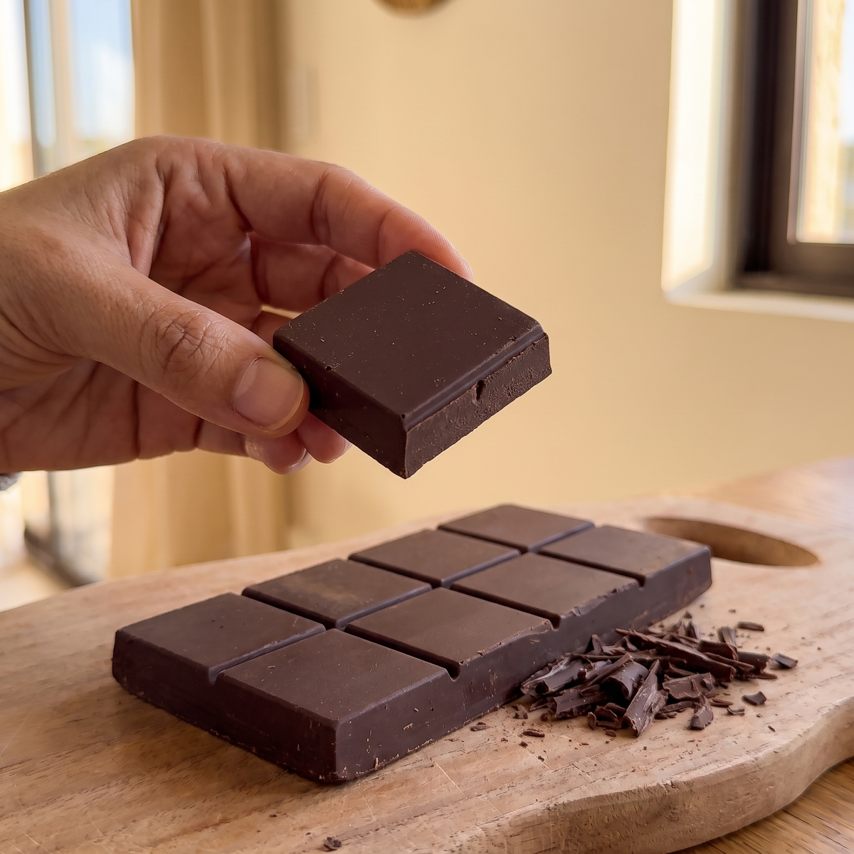 One 20g piece cut from the NUDE cacao block, shavings on the board below