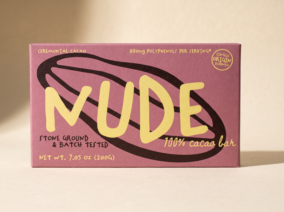 Pink NUDE cacao sleeve, front panel, on warm cream