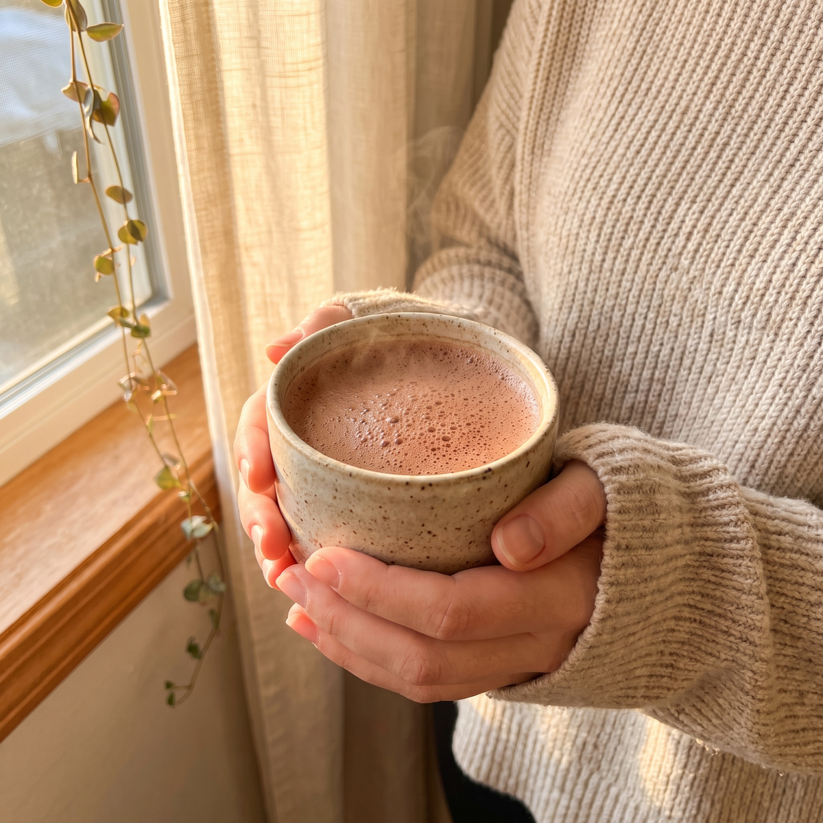 A hand cradling a cup of reddish-brown frothy drinking cacao by the window