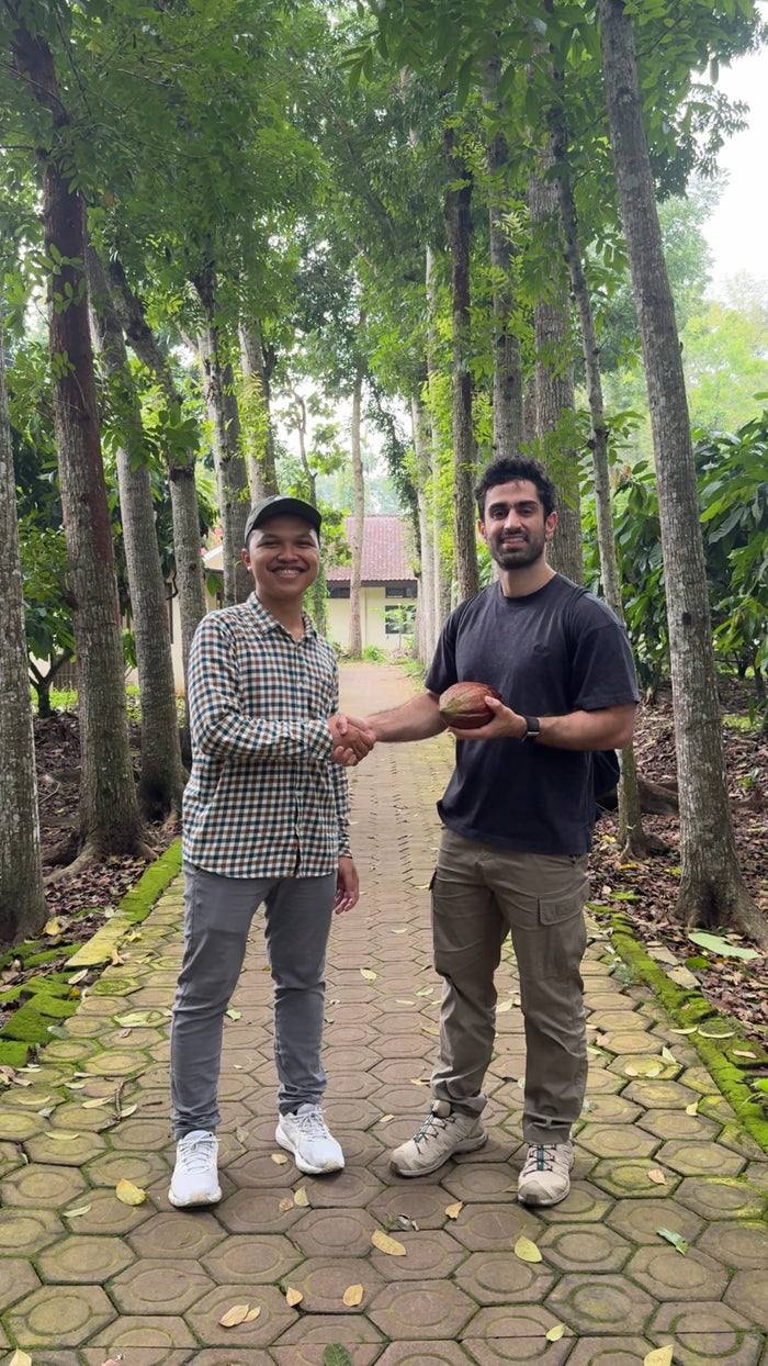 Ali shaking hands with an ICCRI scientist on a tree-lined path at the research centre