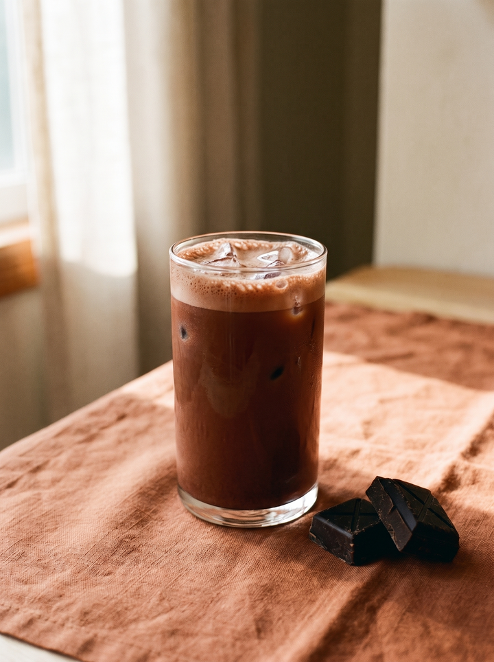 A tall glass of iced cacao with a foamy head