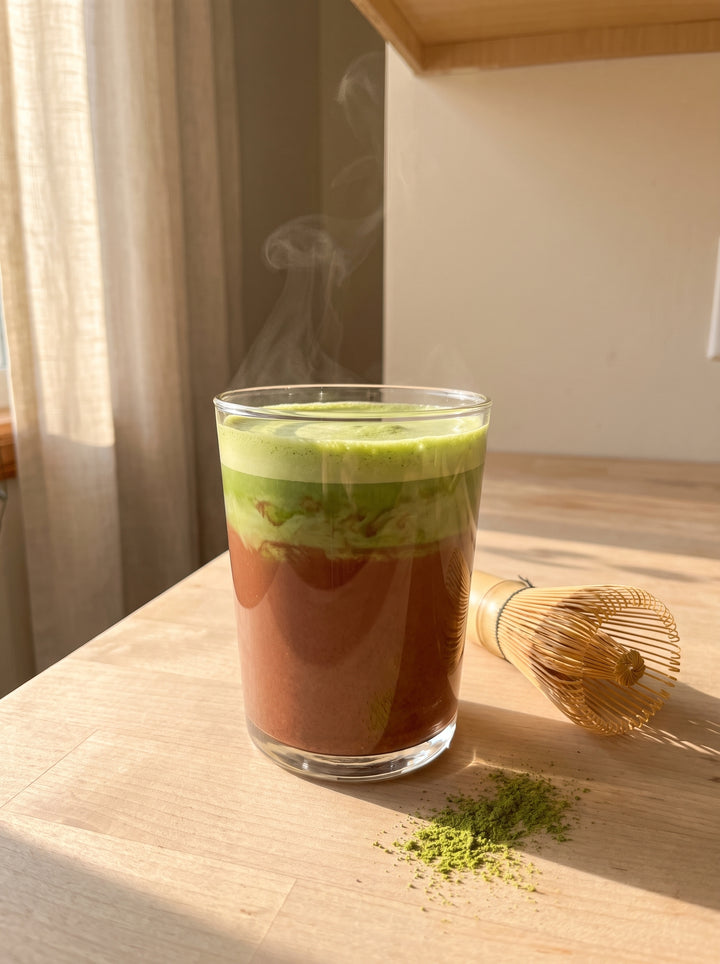A layered glass of dark cacao and green matcha