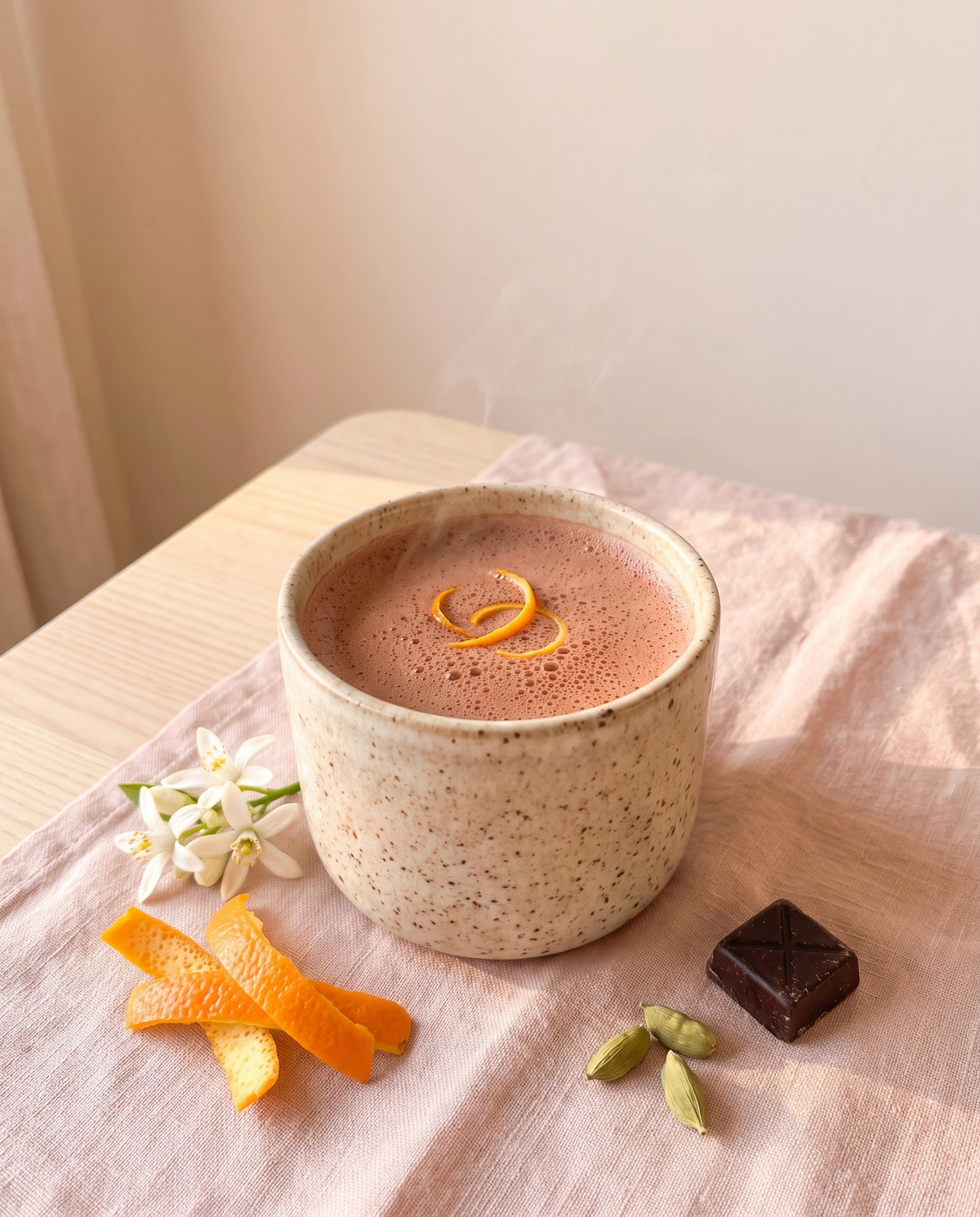 A steaming cup of orange blossom drinking cacao topped with orange zest, with peel, blossom and cardamom beside it