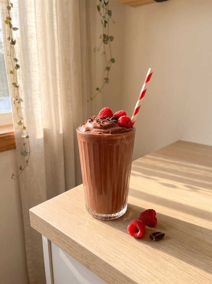 A thick cacao and raspberry smoothie topped with fruit