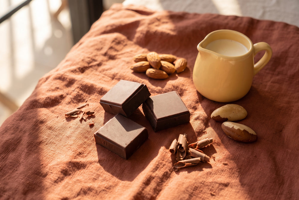 Cut pieces of NUDE cacao with roasted almonds, Brazil nuts and a small jug of cream on warm terracotta linen