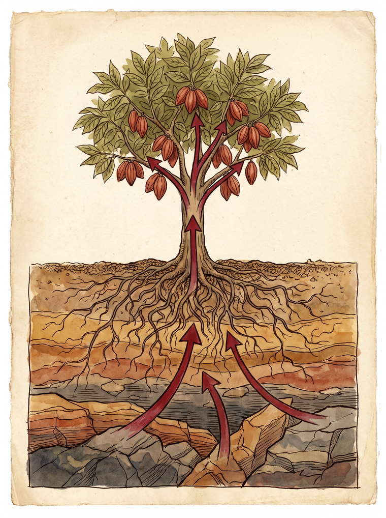 Illustration of a cacao tree in cross-section with red arrows showing cadmium rising from the rocky soil through the roots into the pods