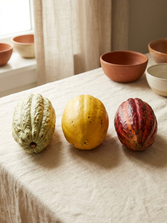 Illustrative comparison of three cacao pod types: pale ridged Criollo, smooth yellow Forastero, red-blushed Trinitario