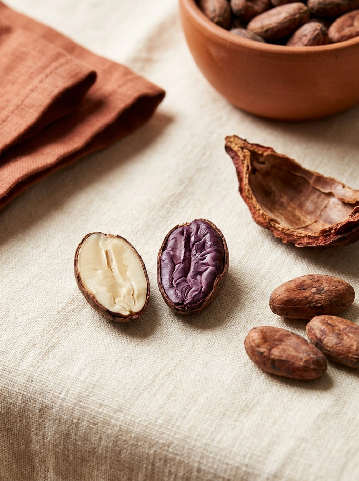 Illustrative macro of two halved cacao beans, one pale ivory inside and one deep violet-purple